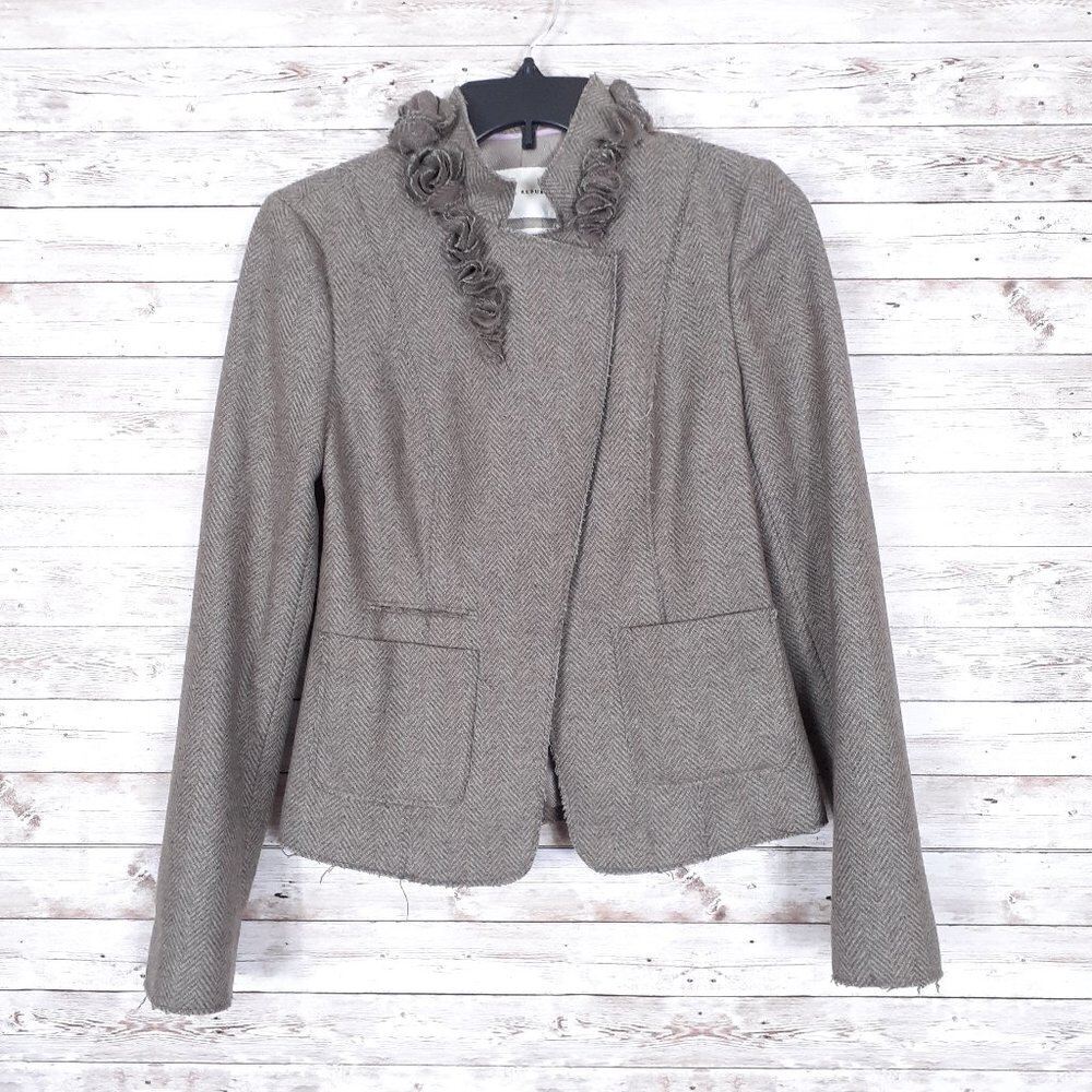 Banana Republic Womens Wool Blazer Size 2 Brown Herringbone Floral Neckline 701A